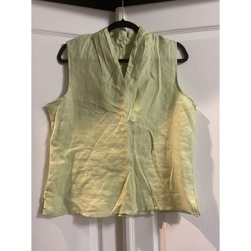 Talbots Blouse Womens 14 Green Irish Linen V Neck Pleated Sleeveless Top NWT